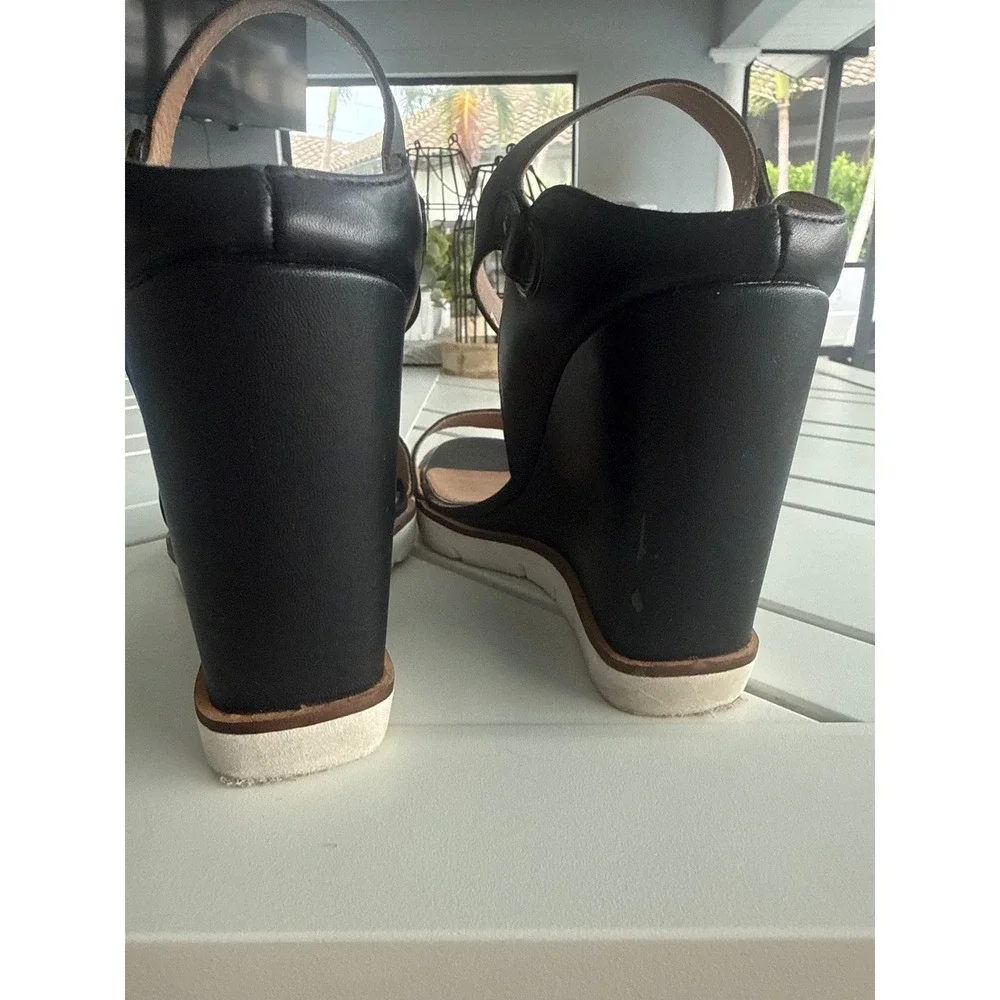 Linea Paolo Ella Womens Black Leather Wedge Sandals Ankle Strap Shoes